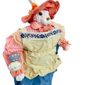 Vintage Easter Bunny Paper Mache Figurine Lace Ribbon Trim Eggs Pink Blue
